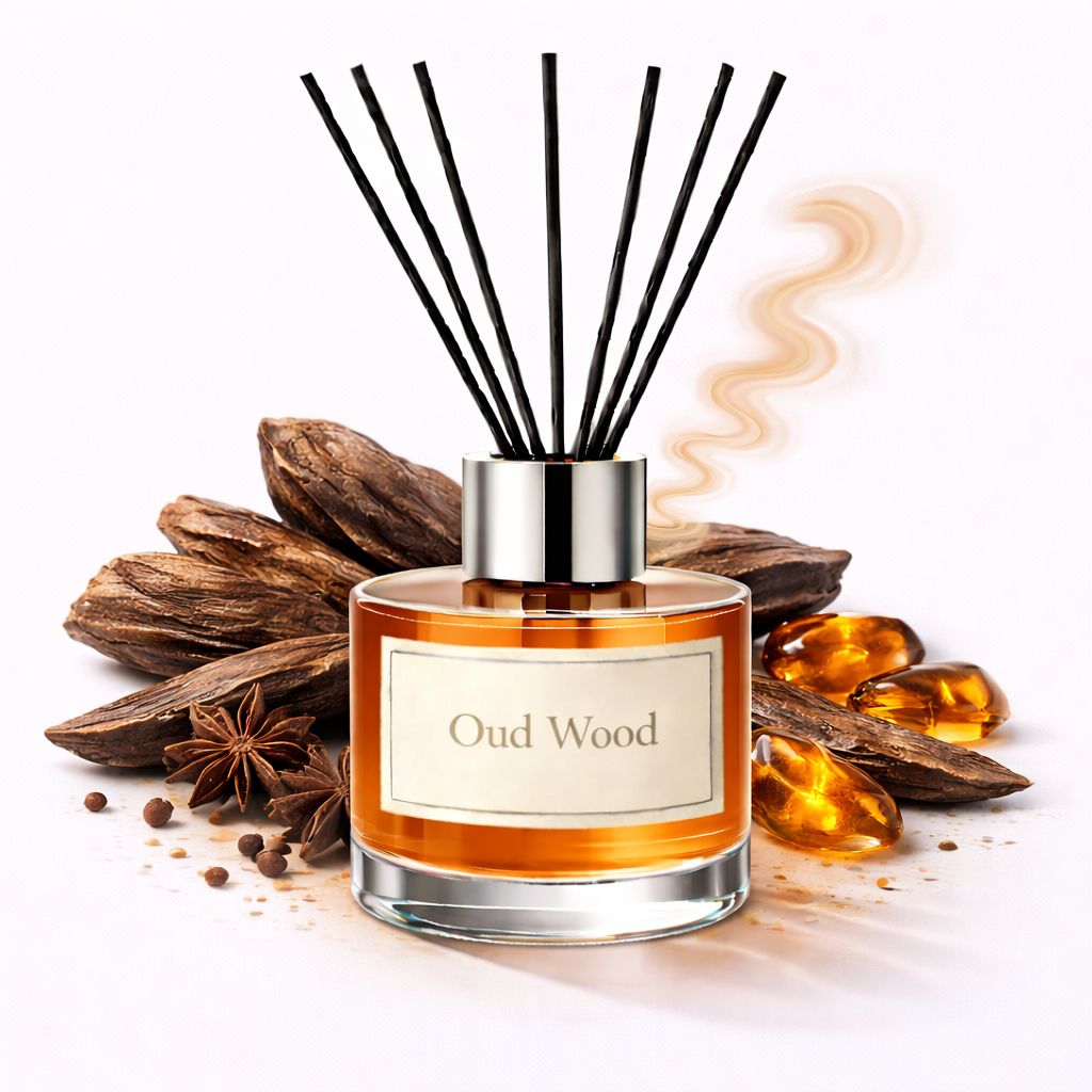 Diffuser bottle labeled 'Oud Wood' with wooden elements and smoke on a white background