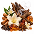 A styled arrangement of natural ingredients on a white background, including cinnamon sticks, amber crystals, star anise, black peppercorns, white lily flowers, and smoke curls.
