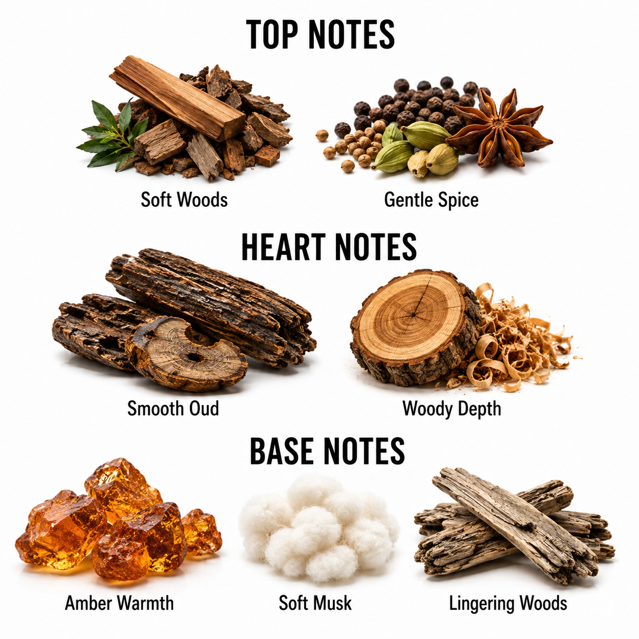 A fragrance notes graphic on a white background showing top, heart, and base notes with ingredient imagery. Top notes include soft woods, gentle spice, smooth oud, and woody depth.