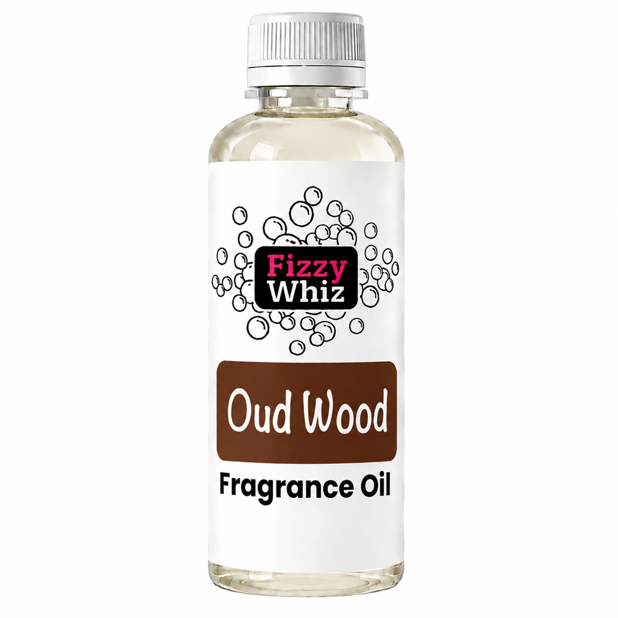 A bottle of Fizzy Whiz Oud Wood Fragrance Oil on a plain white background. The bottle is clear glass containing a light golden liquid, topped with a white ribbed cap.