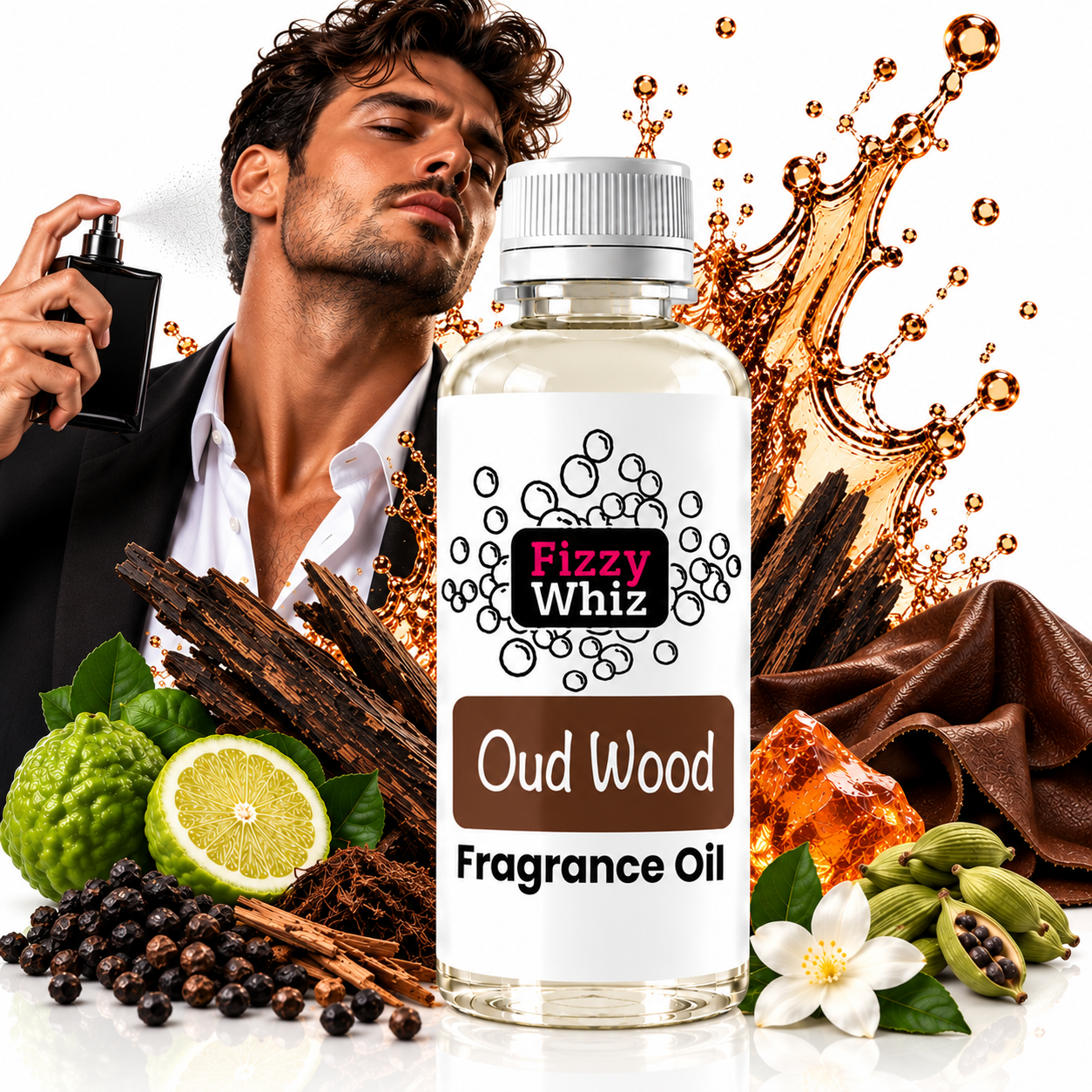 A bottle of Fizzy Whiz Oud Wood Fragrance Oil centered in front of a man holding a perfume spray, with decorative ingredients including a kumquat, lime, cinnamon, cloves, green cardamom pods, and a white flower around the base. A gold liquid splash graphic appears behind the bottle on a white background.