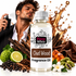 A bottle of Fizzy Whiz Oud Wood Fragrance Oil centered in front of a man holding a perfume spray, with decorative ingredients including a kumquat, lime, cinnamon, cloves, green cardamom pods, and a white flower around the base. A gold liquid splash graphic appears behind the bottle on a white background.