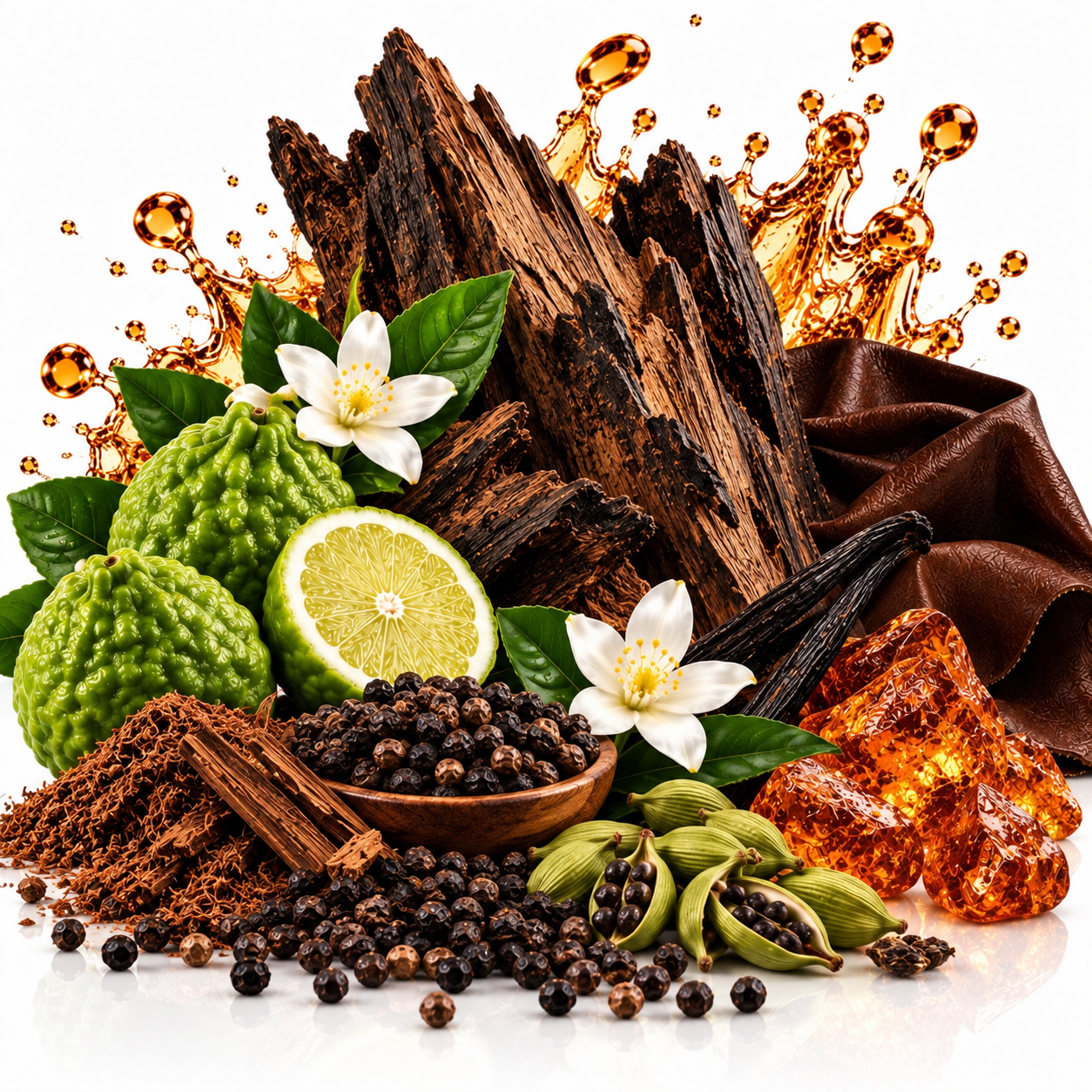 A styled still life of dark brown wood bark, amber honey splashes, green bumpy fruit, a lime slice, white flowers, cinnamon sticks, black peppercorns, green cardamom pods, and amber crystals on a white background.