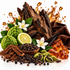 A styled still life of dark brown wood bark, amber honey splashes, green bumpy fruit, a lime slice, white flowers, cinnamon sticks, black peppercorns, green cardamom pods, and amber crystals on a white background.