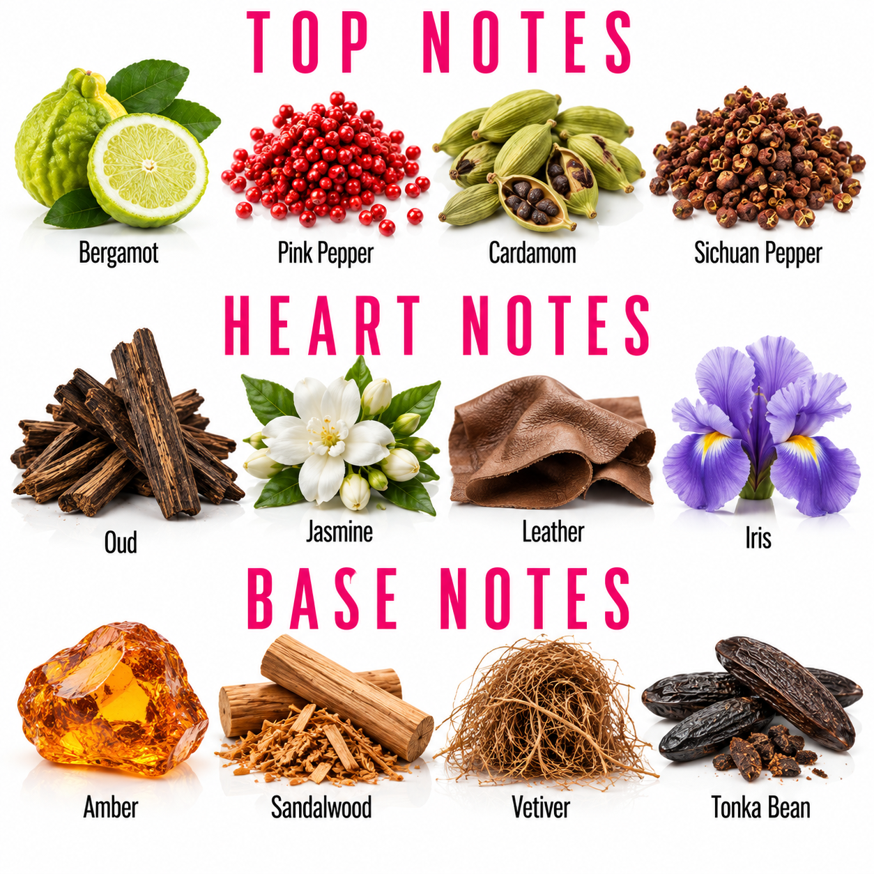An educational fragrance composition chart displaying top, heart, and base notes with corresponding photographic ingredient illustrations. The top section features Bergamot, Pink Pepper, Cardamom, and Sichuan Pepper under the heading 'TOP NOTES' in pink.