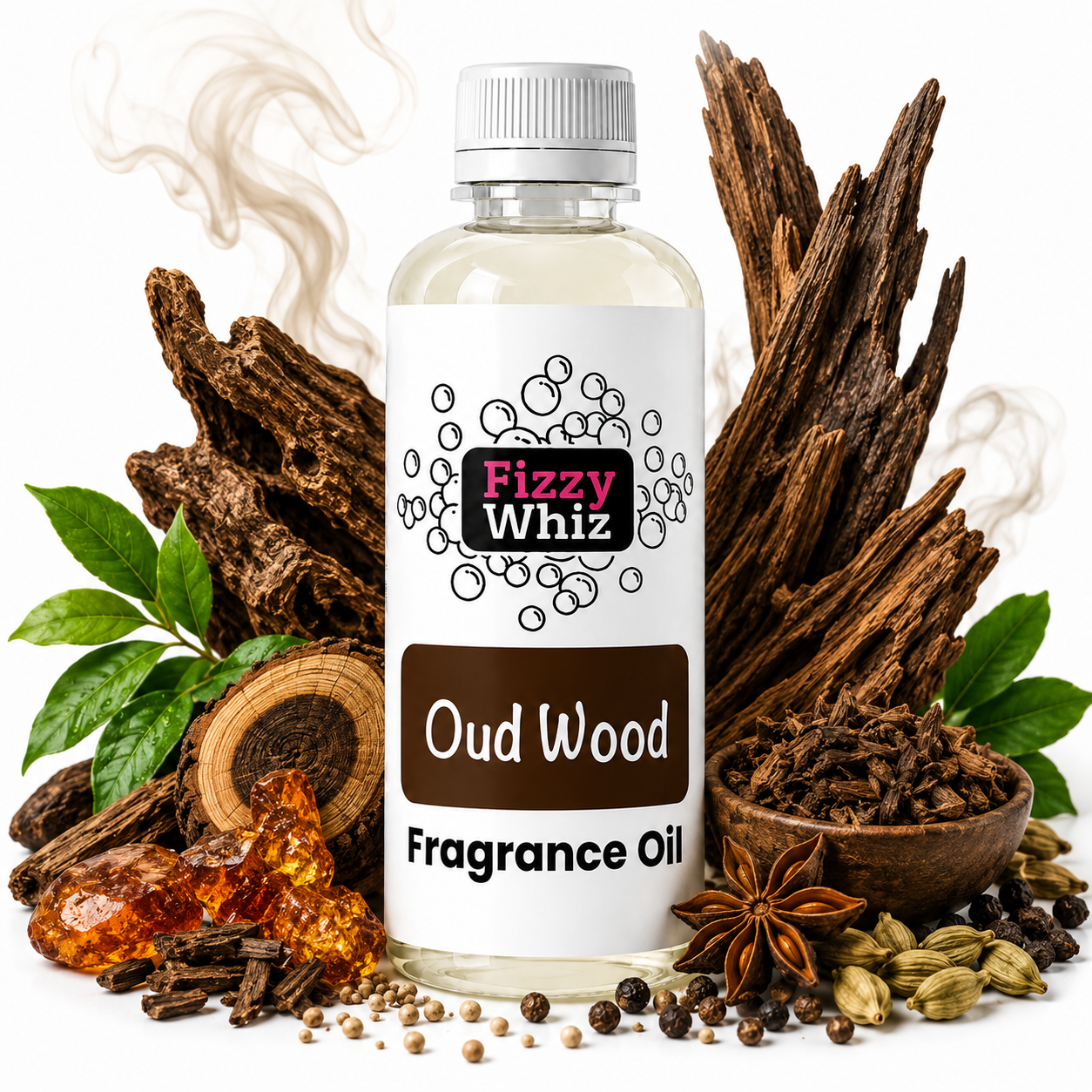 A bottle of Fizzy Whiz Oud Wood Fragrance Oil centered on a white background, surrounded by natural ingredients including dried wood bark, green leaves, amber resin, star anise, and cardamom seeds.