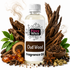 A bottle of Fizzy Whiz Oud Wood Fragrance Oil centered on a white background, surrounded by natural ingredients including dried wood bark, green leaves, amber resin, star anise, and cardamom seeds.