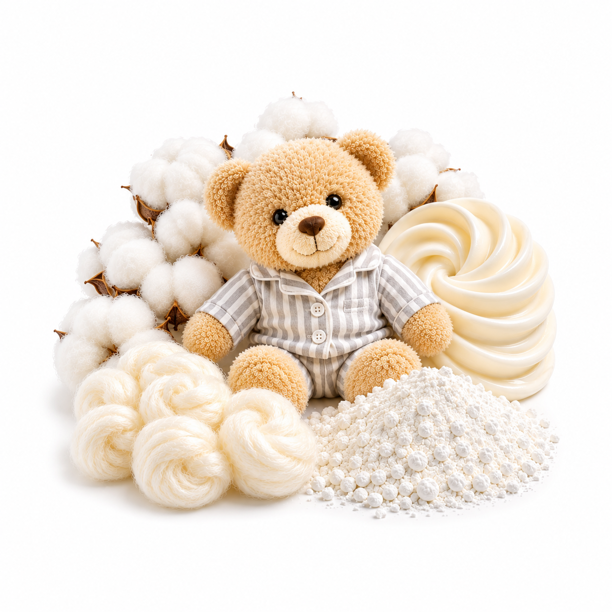 A teddy bear wearing a striped shirt sits surrounded by cotton bolls, cream-colored yarn swatches, and a pile of white cotton lint on a clean white background.