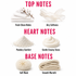 A fragrance notes infographic on a white background, categorized into Top Notes, Heart Notes, and Base Notes with corresponding visual representations and text labels.