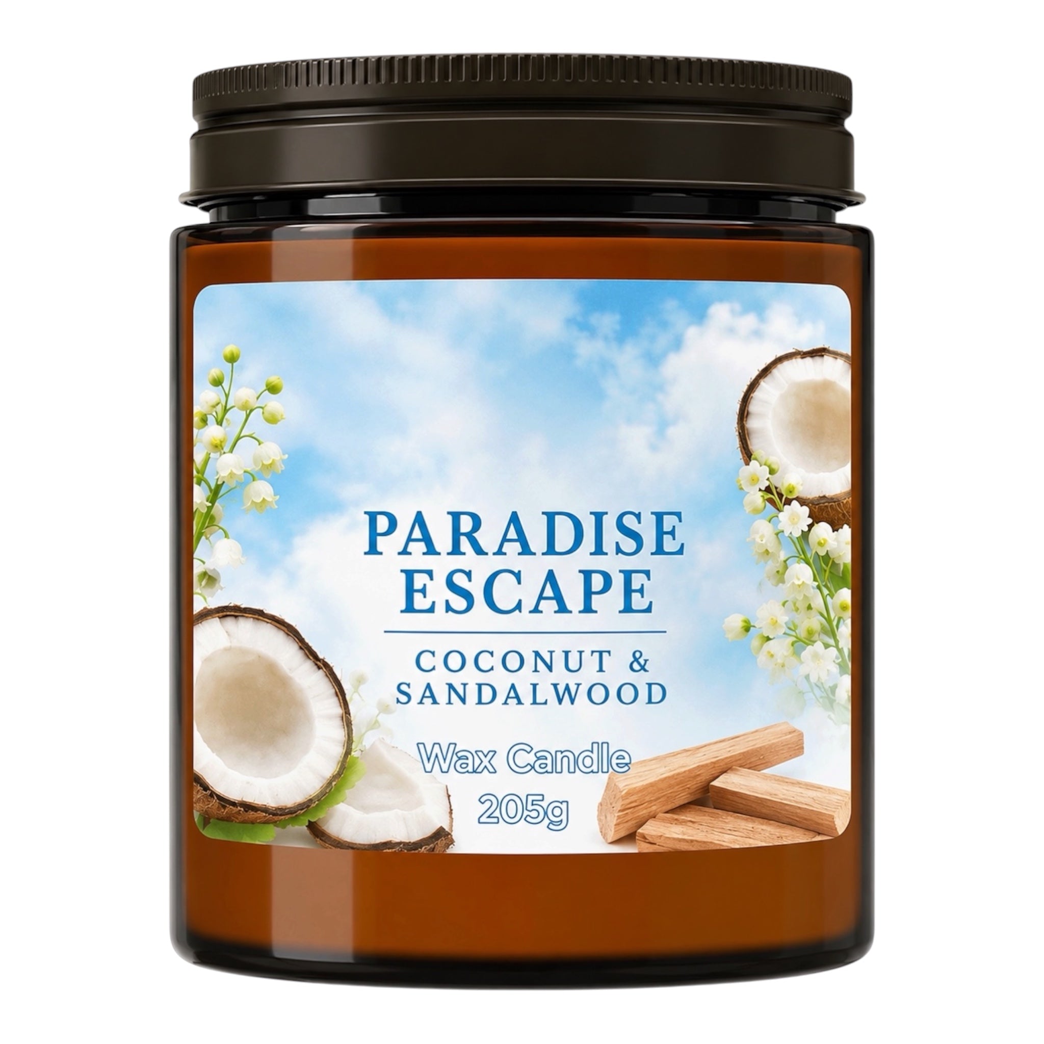 An amber glass jar candle with a dark brown screw-on lid and a colorful label reading 'PARADISE ESCAPE COCONUT & SANDALWOOD Wax Candle 205g'. The label features a blue sky background with white clouds, images of coconuts, and sandalwood pieces.