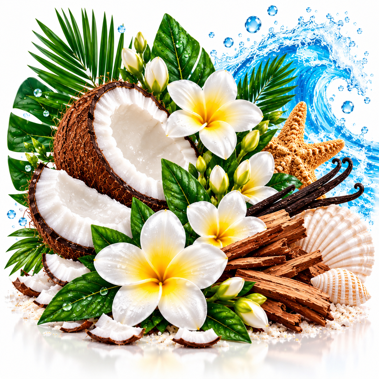 A tropical-themed decorative arrangement featuring halved coconuts, white plumeria flowers with yellow centers, green leaves, vanilla beans, shells, a starfish, and wood pieces on a white background with a blue water splash graphic.