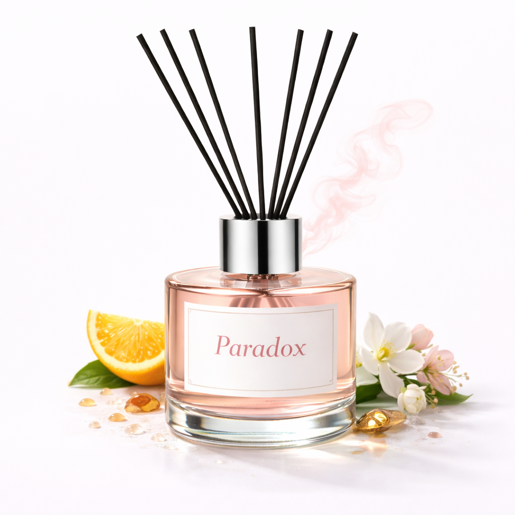 Reed diffuser labeled 'Paradox' with black sticks, lemon, and flowers on a white background