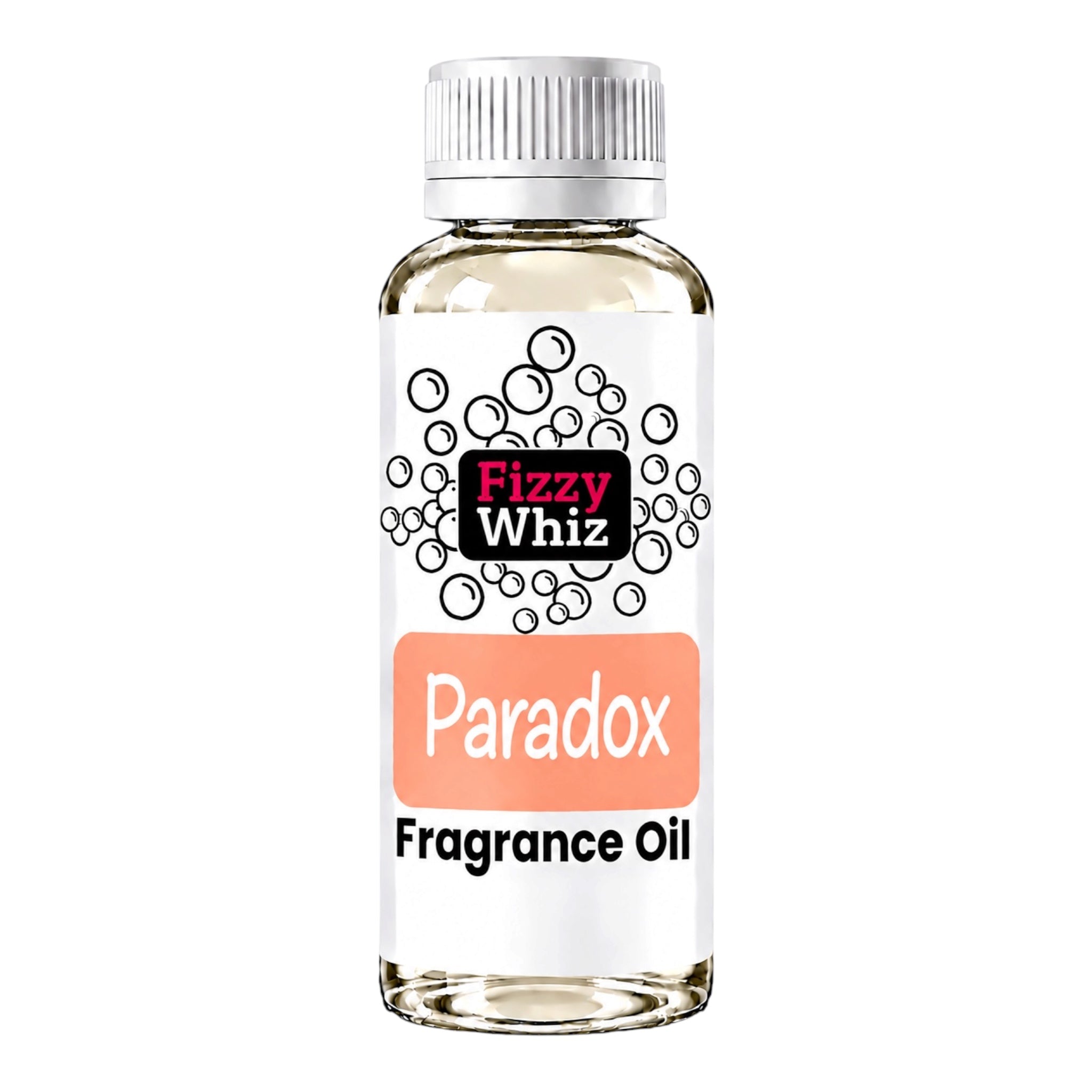 A bottle of Fizzy Whiz Paradox Fragrance Oil on a solid white background. The bottle is clear glass showing the pale yellow liquid inside, topped with a silver ribbed cap.