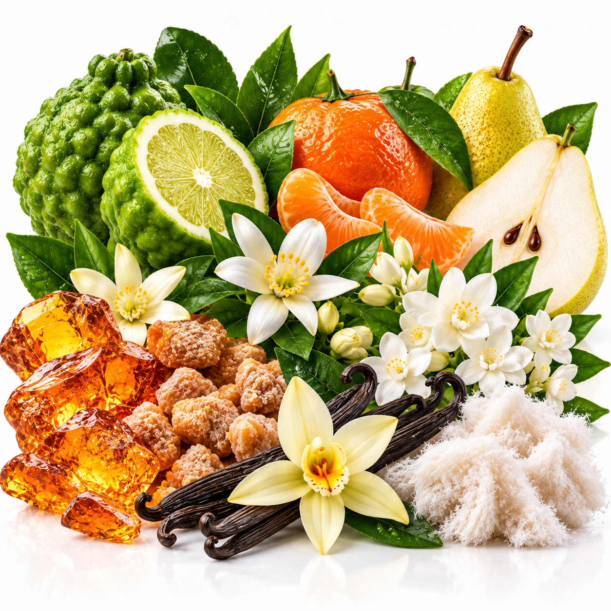 A colorful arrangement of natural ingredients and flavor elements on a white background, including amber honey, brown sugar, vanilla beans, white flowers, a green custard apple, a lime slice, an orange, a pear, and a pomegranate.