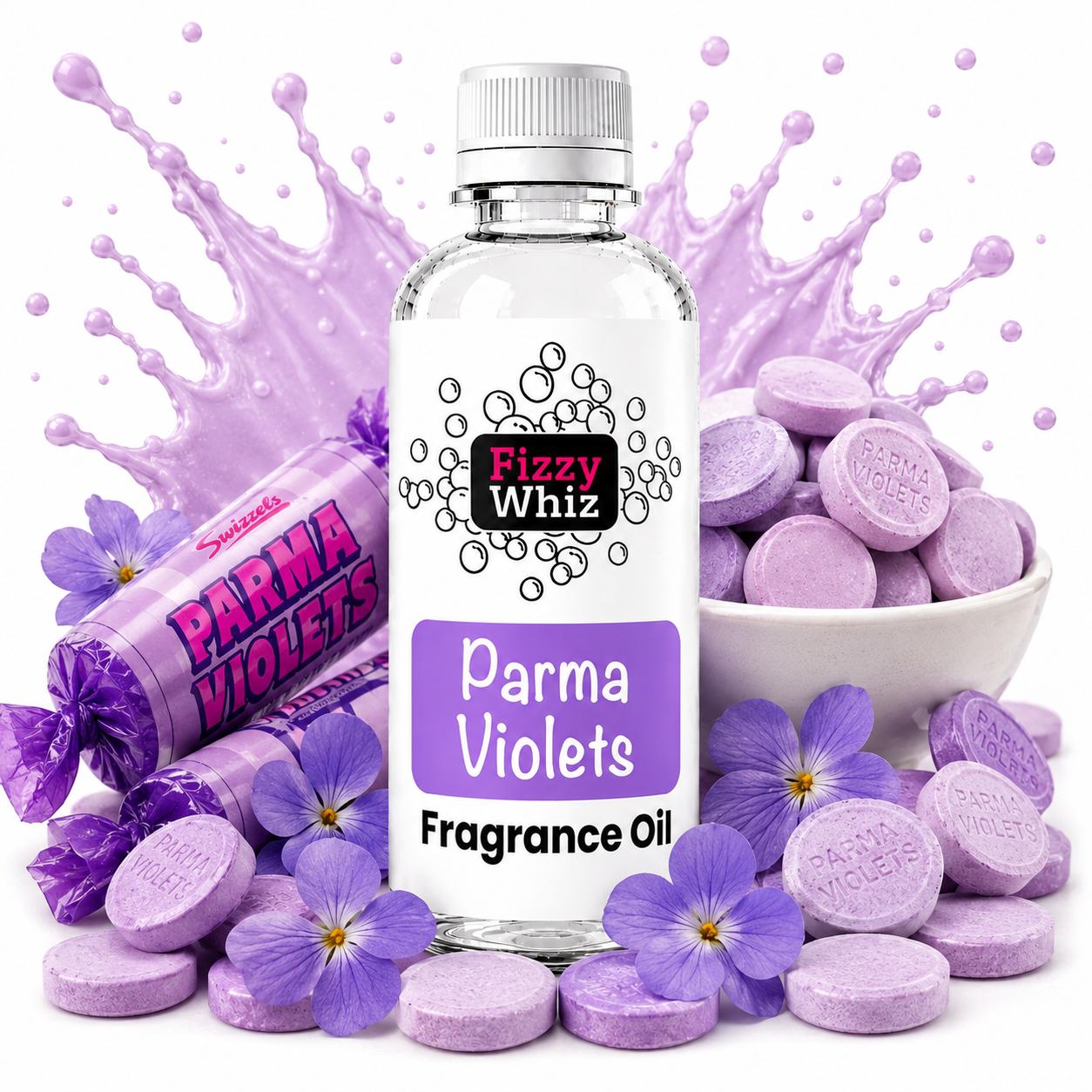 A bottle of Fizzy Whiz Parma Violets fragrance oil is centered on a white background, surrounded by purple flower petals, lavender round tablets, a bowl of tablets, and a rolled tube of matching tablets. Purple liquid splashes appear behind the bottle.