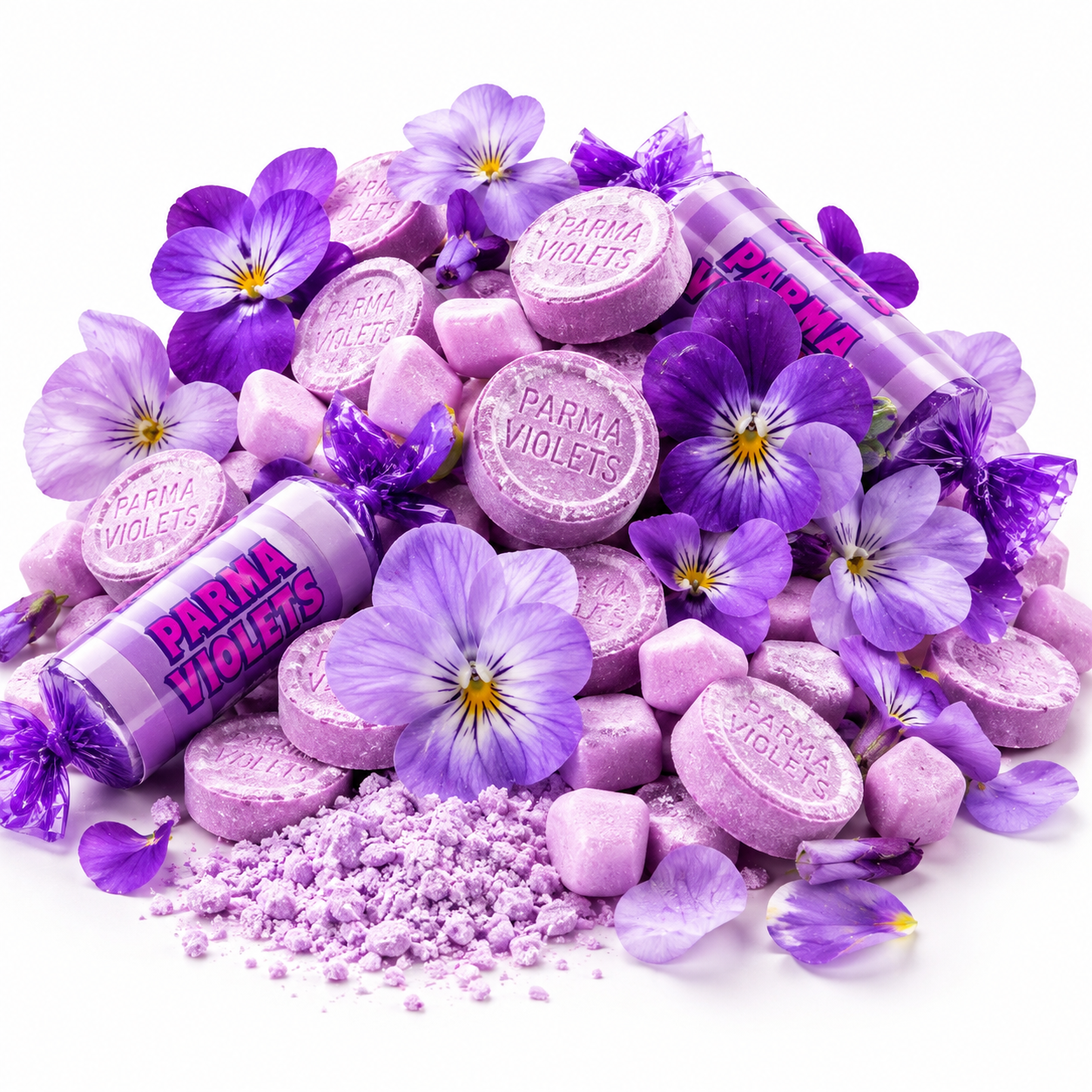 Purple and pink psychoactive ecstasy pills shaped like violets, shown with two tubes labeled 'PARMA VIOLETS' and scattered real purple flowers on a white background.