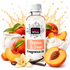 A bottle of Fragrance Oil by Buzzy Whiz with a white label reading 'Peaches & Cream' is centered, surrounded by fresh peach halves, whole peaches, cream, vanilla beans, and a peach blossom on a white background with peach-colored splash graphics.