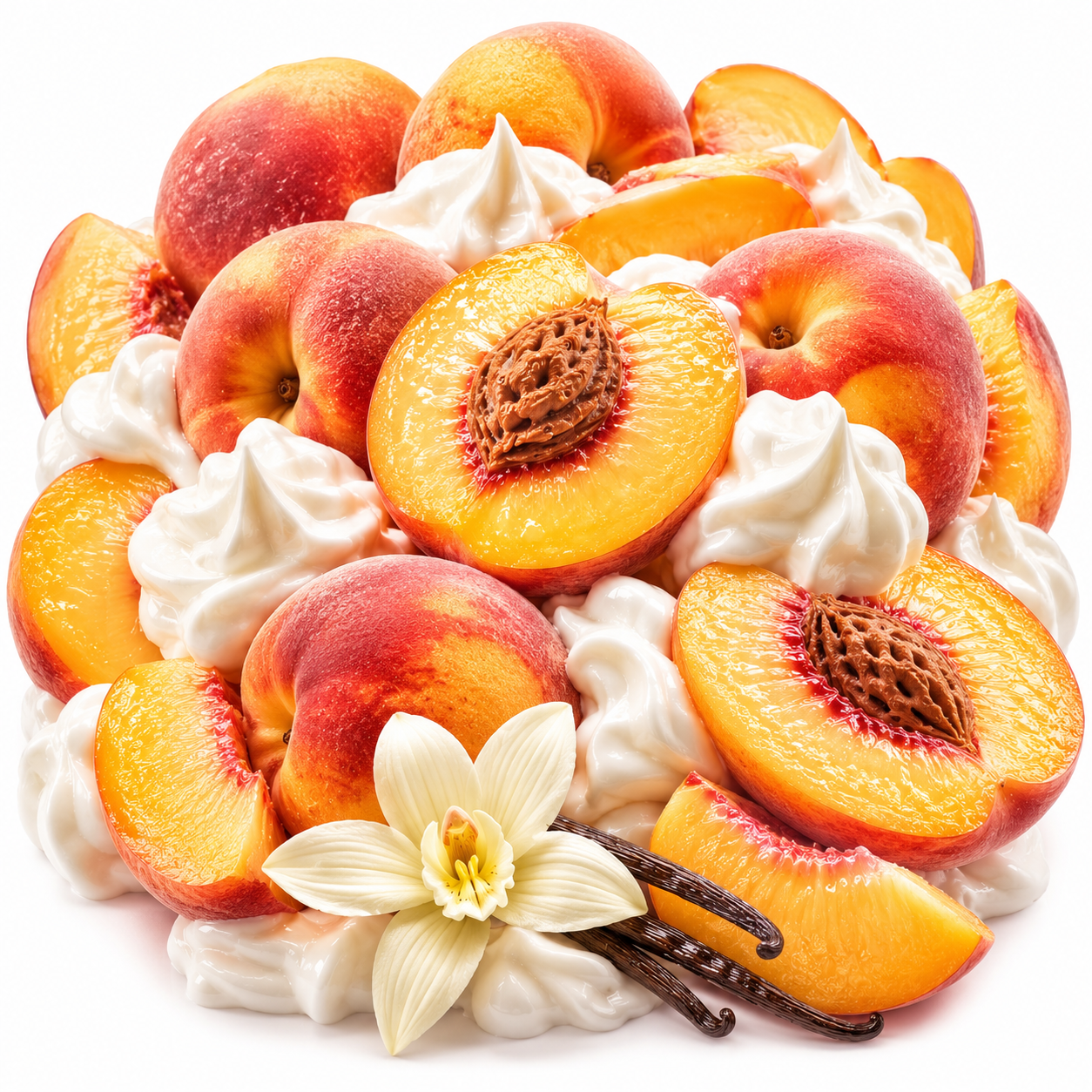 A styled food product presentation of fresh peaches, sliced open to show the pit, arranged on a bed of whipped cream with vanilla beans and a vanilla flower, on a solid white background.