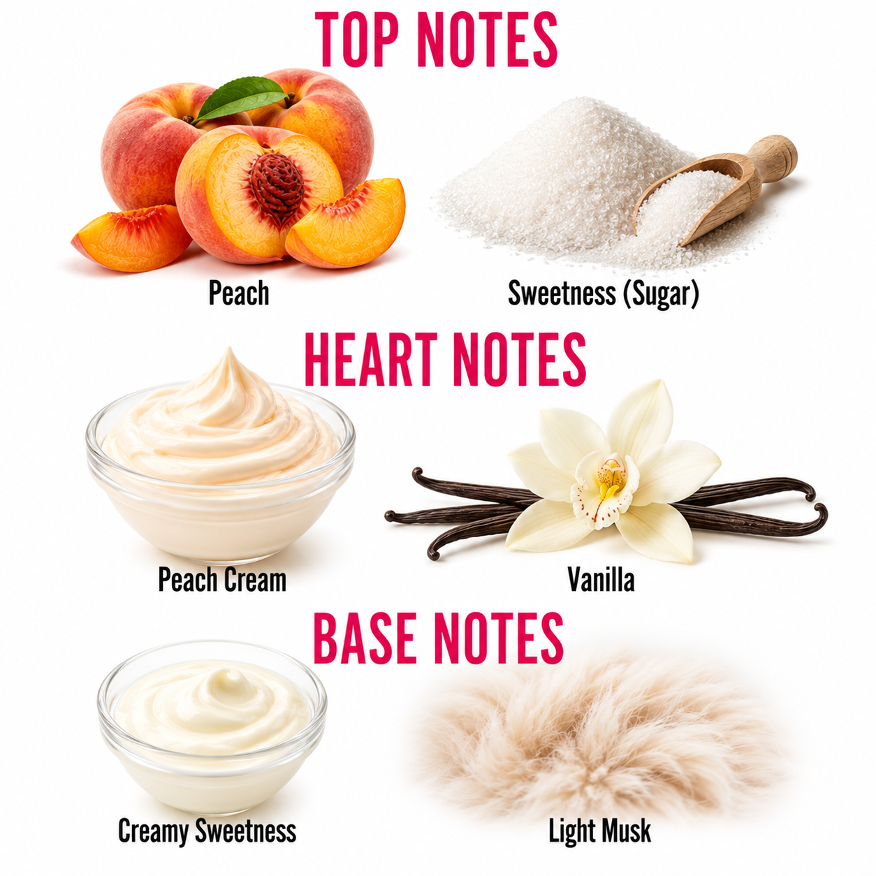 A fragrance notes infographic on a white background, labeled 'TOP NOTES', 'HEART NOTES', and 'BASE NOTES'. It shows peach fruit and sugar for top notes, peach cream and vanilla for heart notes, and creamy sweetness and light musk for base notes.