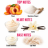 A fragrance notes infographic on a white background, labeled 'TOP NOTES', 'HEART NOTES', and 'BASE NOTES'. It shows peach fruit and sugar for top notes, peach cream and vanilla for heart notes, and creamy sweetness and light musk for base notes.