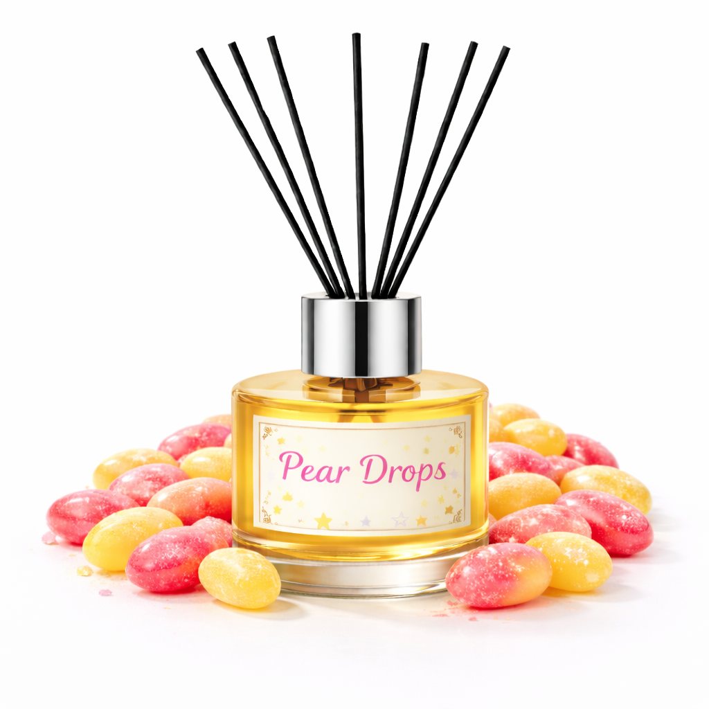 Diffuser labeled 'Pear Drops' with black sticks on a white background