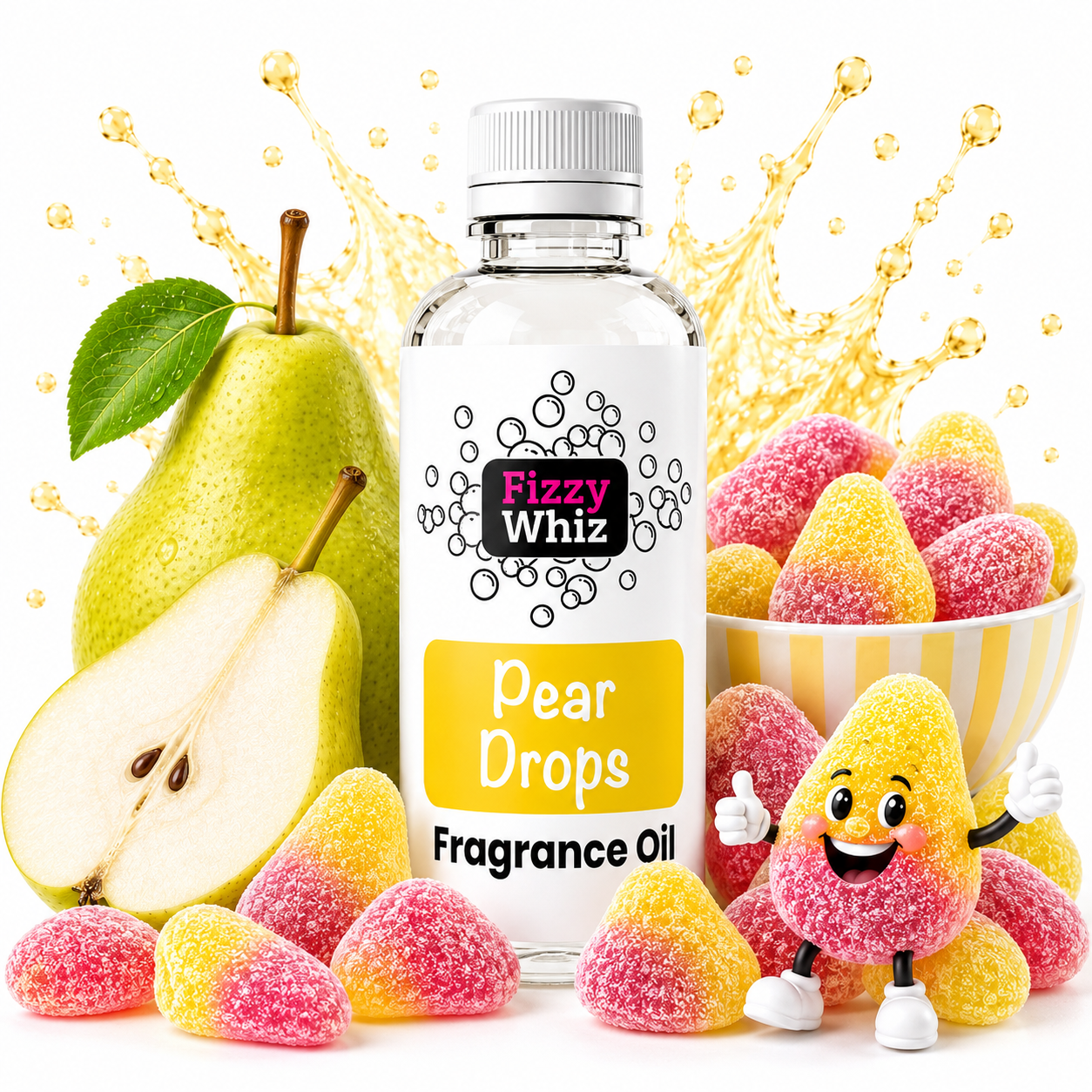 A bottle of Fizzy Whiz Pear Drops Fragrance Oil centered on a white background, surrounded by pear-shaped candies, a whole pear, a sliced pear, a bowl of sugar-dusted candies, and a small cartoon pear character. Gold liquid splash graphics appear behind the bottle.