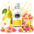 A bottle of Fizzy Whiz Pear Drops Fragrance Oil centered on a white background, surrounded by pear-shaped candies, a whole pear, a sliced pear, a bowl of sugar-dusted candies, and a small cartoon pear character. Gold liquid splash graphics appear behind the bottle.