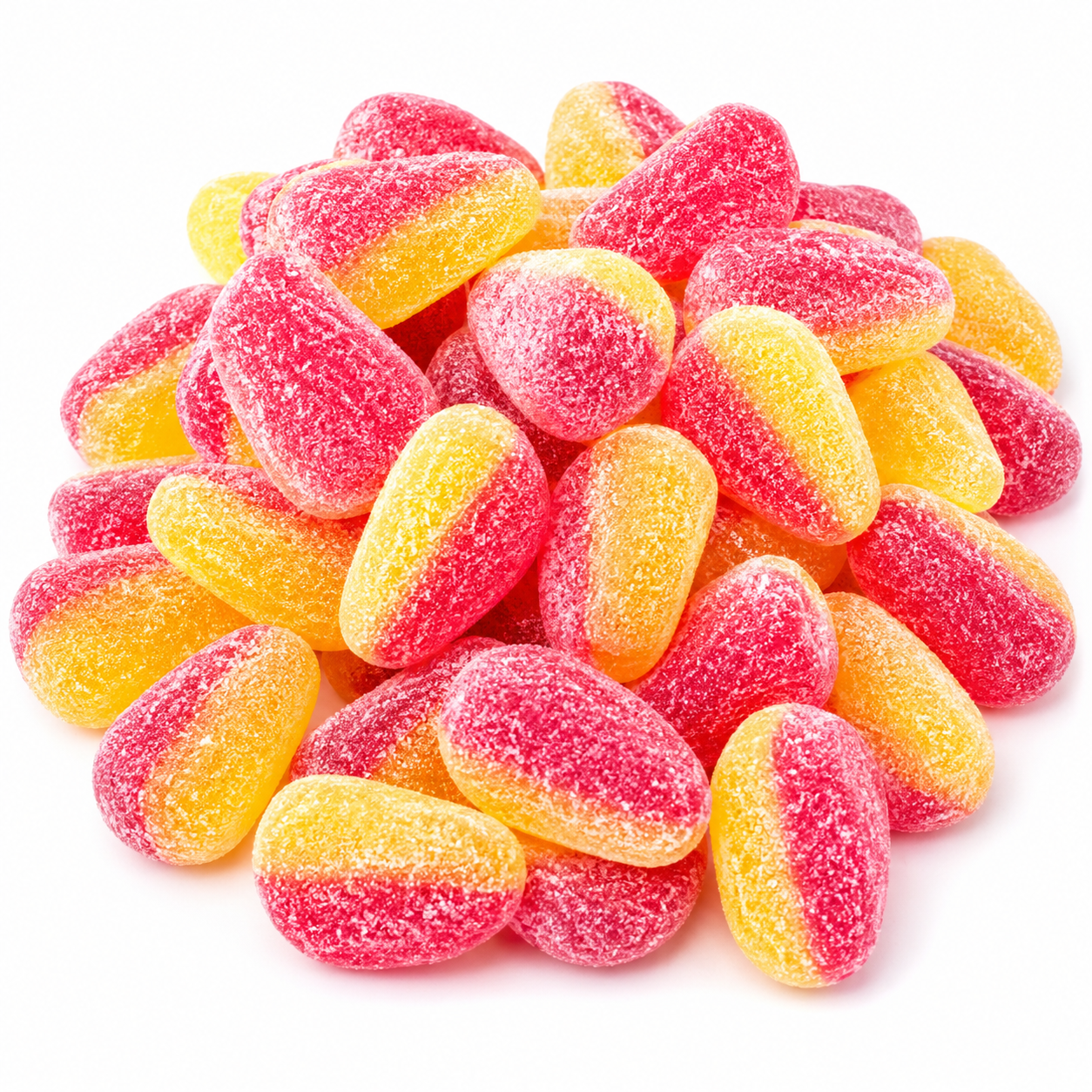 A pile of sugar-coated gummy candies shaped like mini corn cobs, featuring a bright pink outer half and a translucent yellow inner half, set against a solid white background.