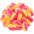 A pile of sugar-coated gummy candies shaped like mini corn cobs, featuring a bright pink outer half and a translucent yellow inner half, set against a solid white background.