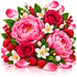 A vibrant floral arrangement featuring large pink peonies, deep red roses, white blossoms, red berries, and raspberries with water droplets, set against a clean white background.