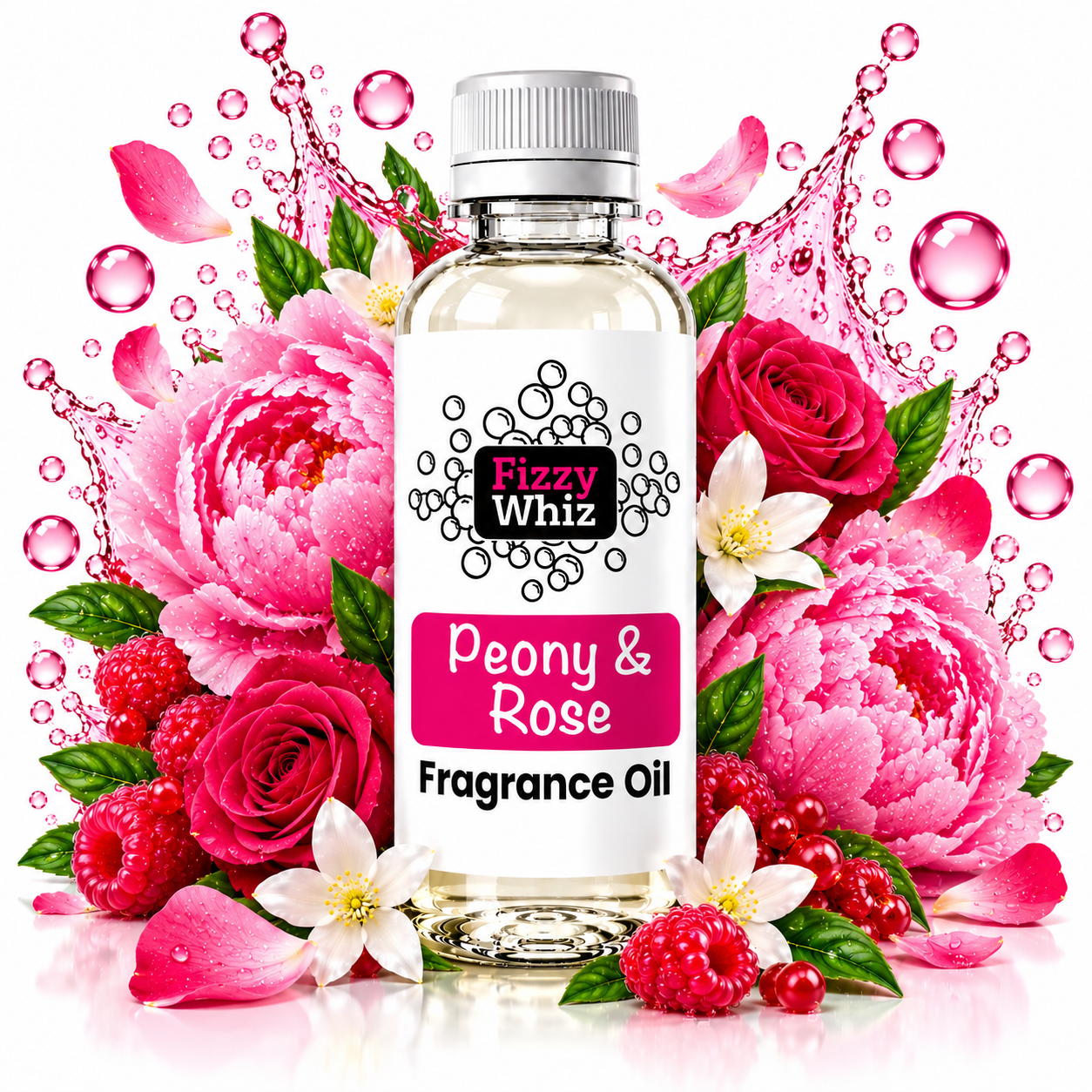 A bottle of Fizzy Whiz Peony & Rose Fragrance Oil centered against a white background, surrounded by pink peony and rose flowers, white blossoms, red raspberries, green leaves, and pink liquid splash graphics.