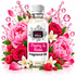 A bottle of Fizzy Whiz Peony & Rose Fragrance Oil centered against a white background, surrounded by pink peony and rose flowers, white blossoms, red raspberries, green leaves, and pink liquid splash graphics.