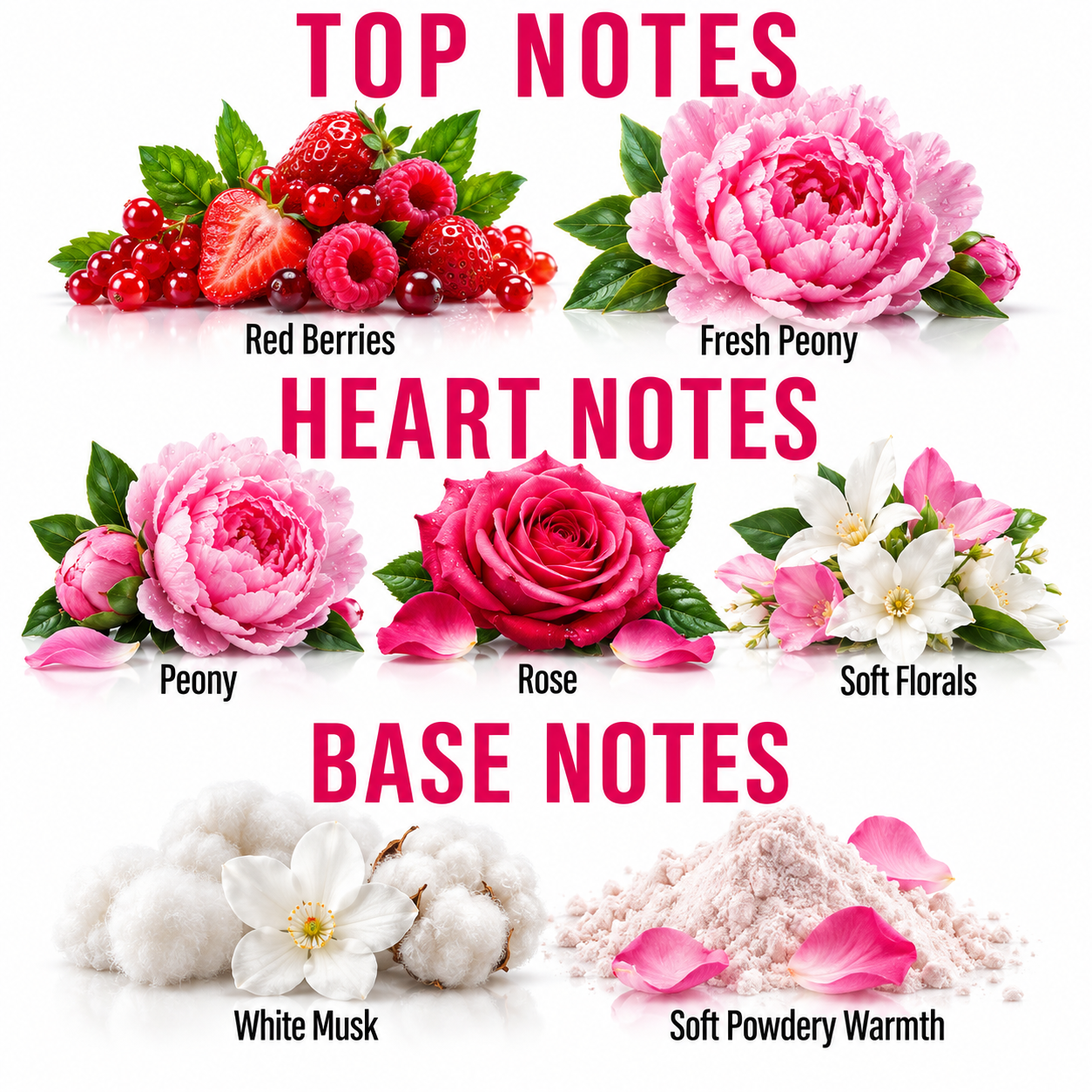 A fragrance notes graphic with the headings TOP NOTES, HEART NOTES, and BASE NOTES. Top notes shown include red berries, fresh peony, peony, rose, and soft florals.