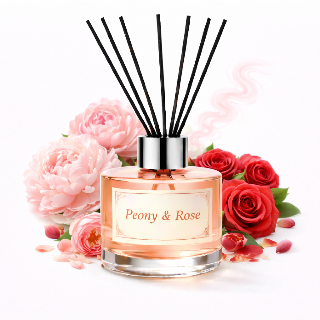 Diffuser with 'Peony & Rose' label surrounded by pink and red roses on a white background