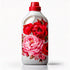 White plastic bottle with a red screw cap and floral label featuring red and pink roses, shown upright on a light background.