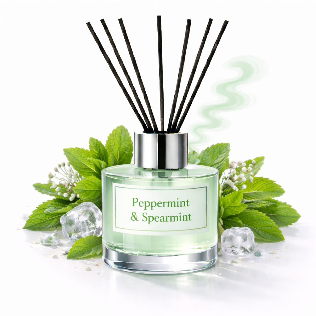 Reed diffuser with peppermint and spearmint fragrance surrounded by green leaves and flowers on a white background
