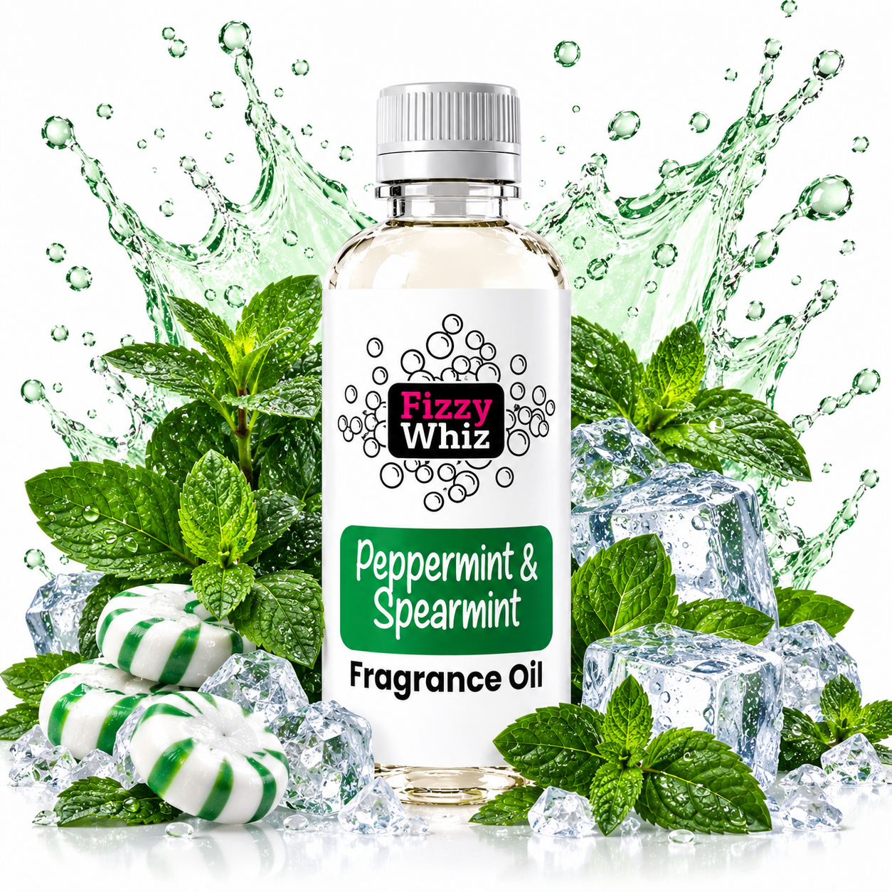 A bottle of Fizzy Whiz Peppermint & Spearmint Fragrance Oil centered against a white background with a green splash, mint leaves, ice cubes, and striped peppermint candies. The bottle has a white label with green and black branding.