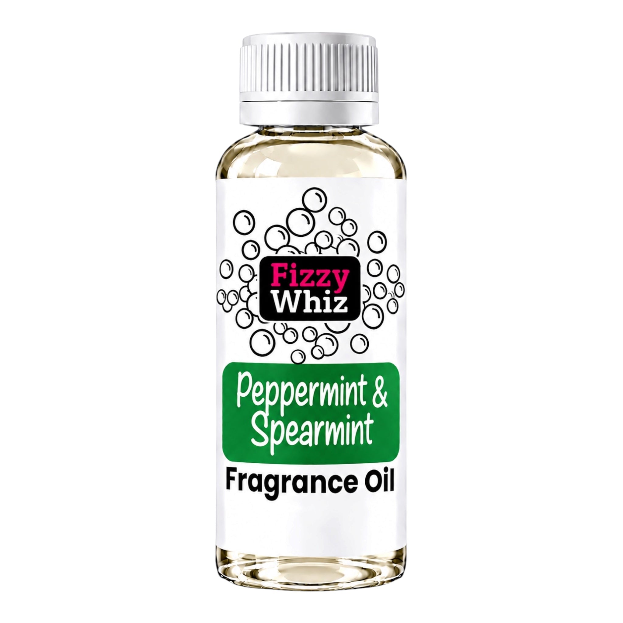 A bottle of Fizzy Whiz Peppermint & Spearmint Fragrance Oil, featuring a white cap, clear glass bottle showing the pale yellow liquid inside, and a white label with green and black text.