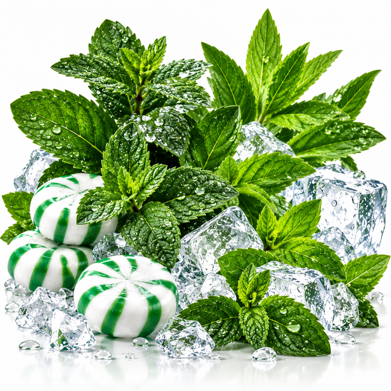 Mint leaves and clear ice cubes arranged around two green-and-white striped peppermint candies on a clean white background.