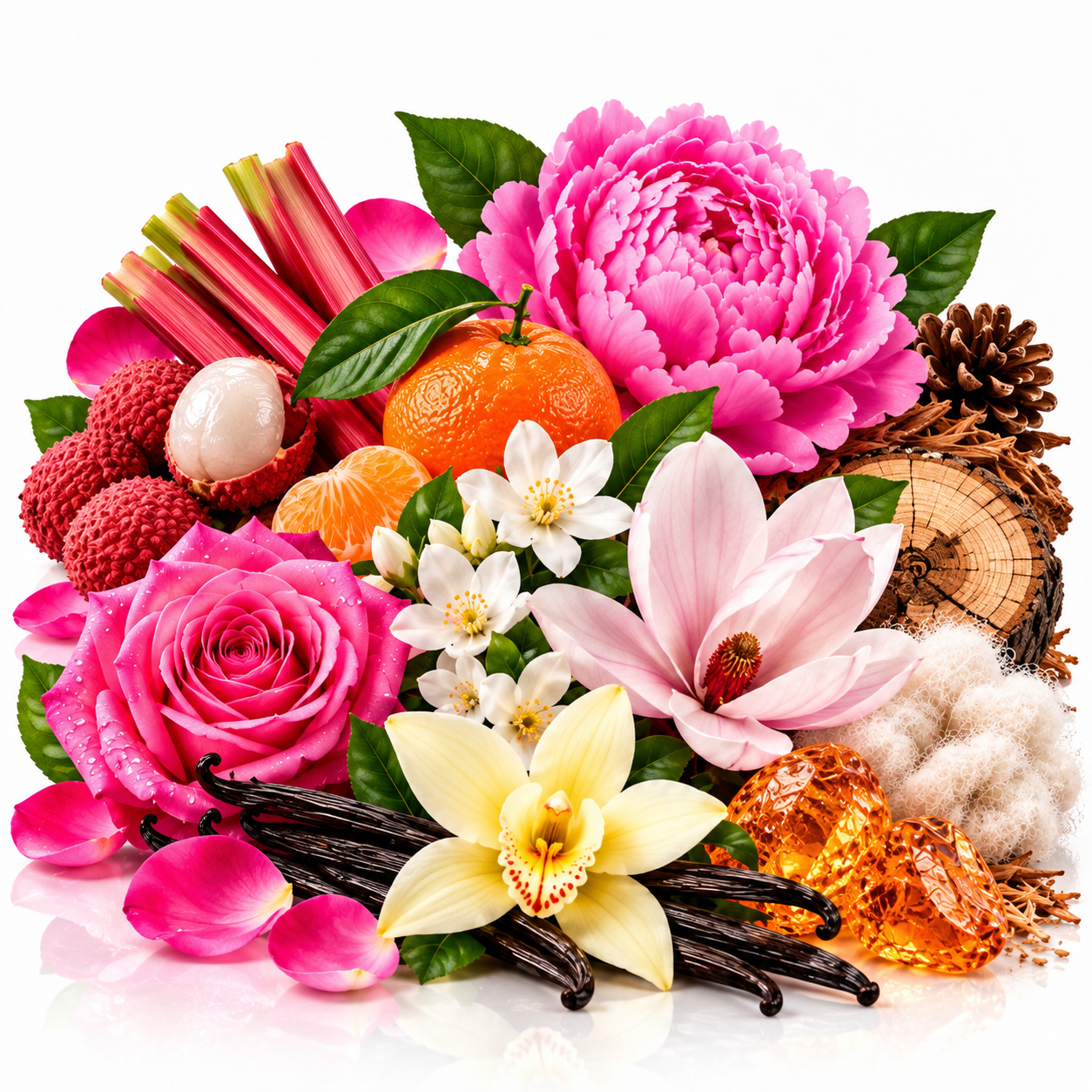A vibrant botanical and floral arrangement on a white background, featuring bright pink peony and rose blooms, a large pale pink magnolia, a yellow orchid, white blossoms, vanilla beans, an orange, pink rhubarb stalks, lychee fruits, cotton boll, and a small pinecone.