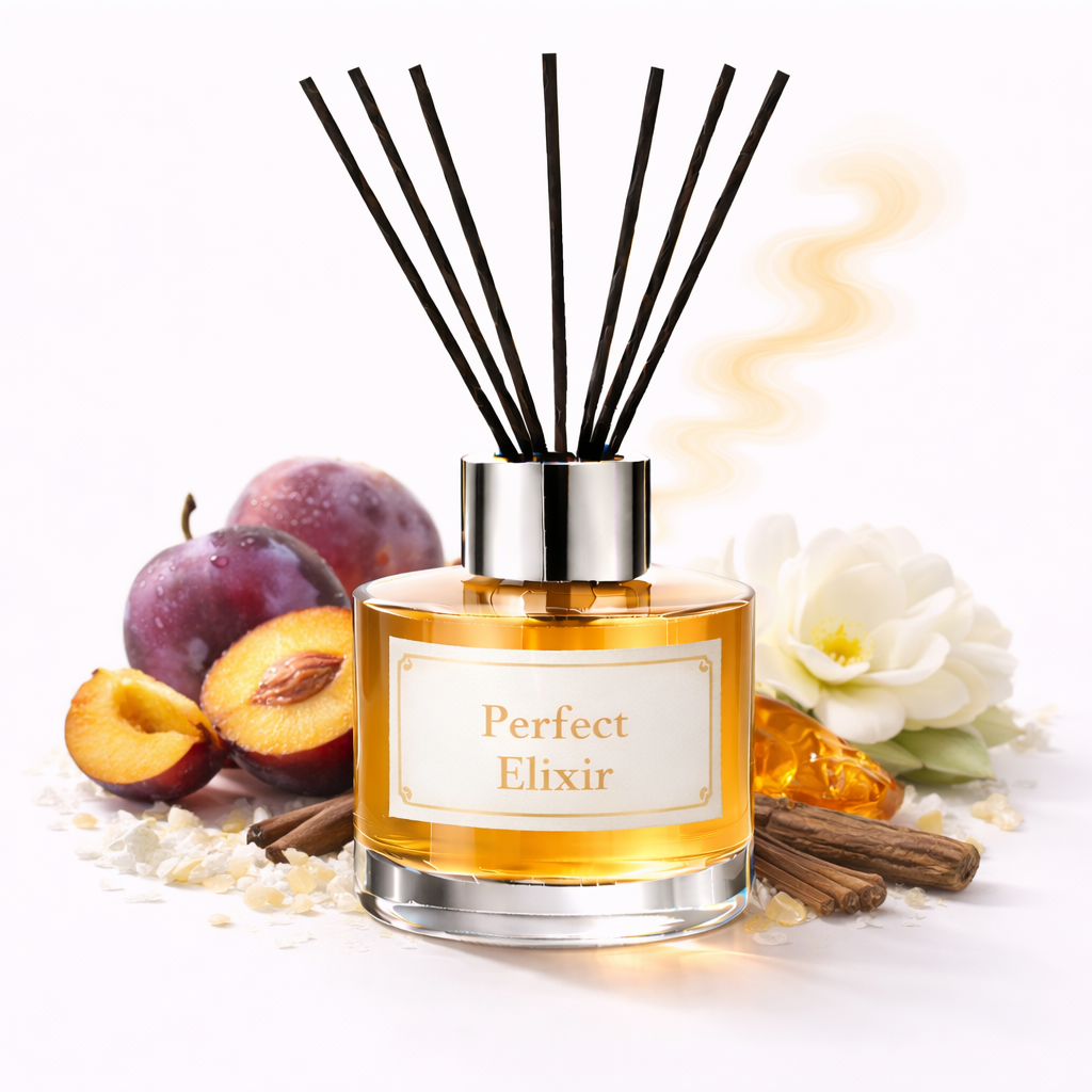 Diffuser labeled 'Perfect Elixir' with plums, flowers, and cinnamon sticks on a white background