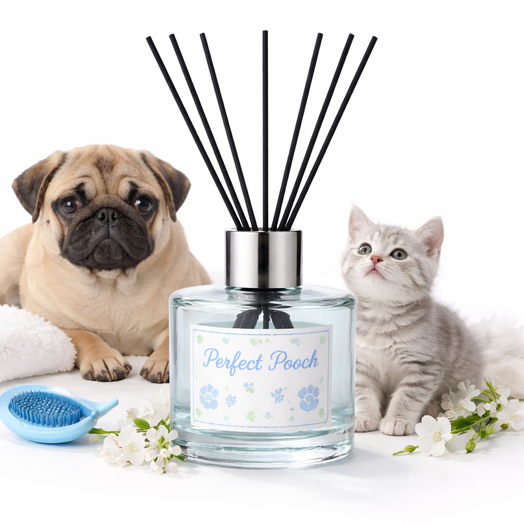 Reed diffuser labeled 'Perfect Pooch' with a pug and kitten on a white background