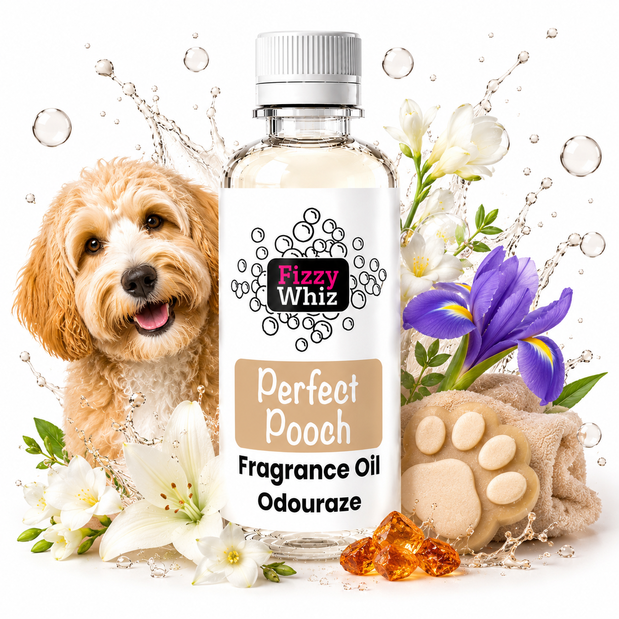 A bottle of Fizzy Whiz 'Perfect Pooch' fragrance oil centered on a white background, surrounded by a fluffy golden dog, white lilies, purple irises, a paw-shaped soap, amber crystals, and water splashes. The product label reads 'Fizzy Whiz' and 'Perfect Pooch Fragrance Oil Odouraze'.