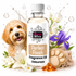 A bottle of Fizzy Whiz 'Perfect Pooch' fragrance oil centered on a white background, surrounded by a fluffy golden dog, white lilies, purple irises, a paw-shaped soap, amber crystals, and water splashes. The product label reads 'Fizzy Whiz' and 'Perfect Pooch Fragrance Oil Odouraze'.