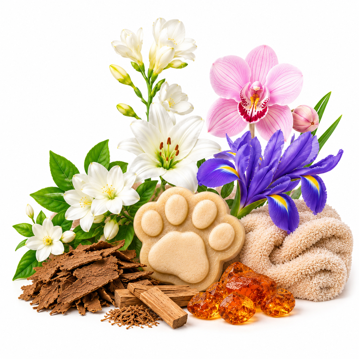 A styled arrangement of spa-like ingredients and accessories on a white background: white lilies, a pink orchid, purple irises, brown bark pieces, small wood sticks, amber-colored stones, and a beige paw-shaped soap or bath bomb with a folded beige towel beside it.