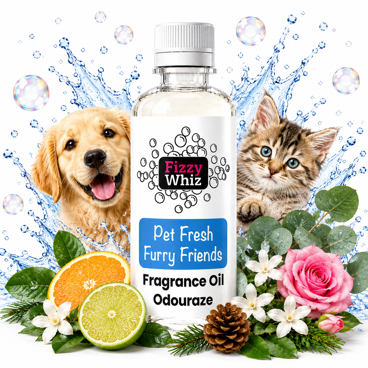 A bottle of Fizzy Whiz Pet Fresh Furry Friends fragrance oil centered on a white background, surrounded by a golden retriever, a tabby kitten, water splashes, bubbles, citrus slices, flowers, pinecones, and greenery. The bottle label reads 'Fizzy Whiz' and 'Pet Fresh Furry Friends Fragrance Oil Odouraze.