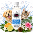 A bottle of Fizzy Whiz Pet Fresh Furry Friends fragrance oil centered on a white background, surrounded by a golden retriever, a tabby kitten, water splashes, bubbles, citrus slices, flowers, pinecones, and greenery. The bottle label reads 'Fizzy Whiz' and 'Pet Fresh Furry Friends Fragrance Oil Odouraze.