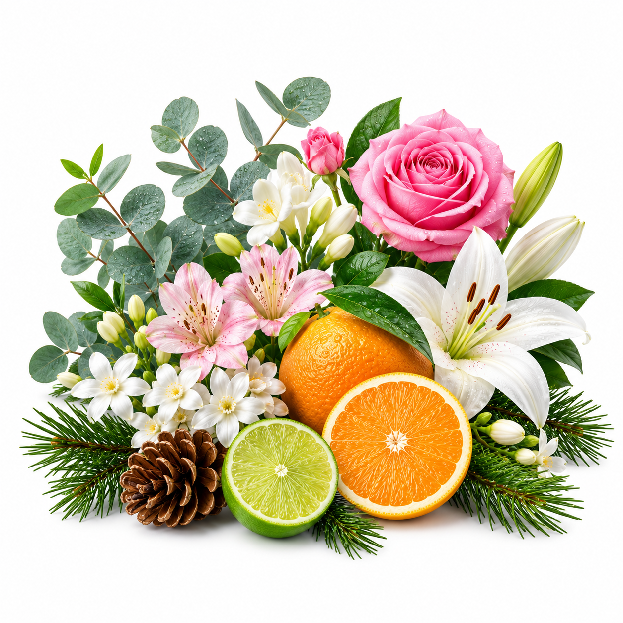 A festive floral and fruit arrangement on a white background, featuring a pink rose, pink and white lilies, green eucalyptus leaves, pine branches, a pinecone, a whole orange, a sliced orange, and a lime half.