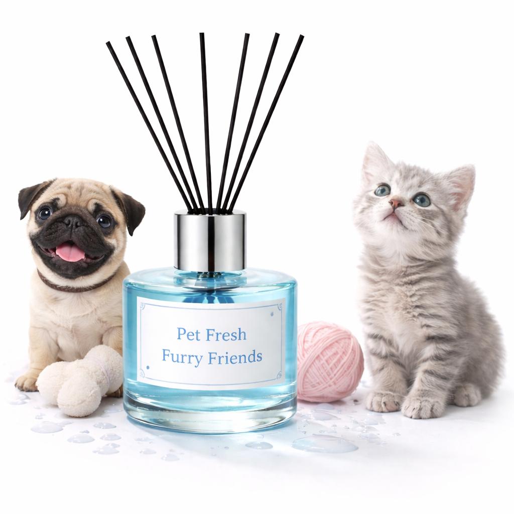 Diffuser bottle labeled 'Pet Fresh Furry Friends' with a pug and kitten on a white background