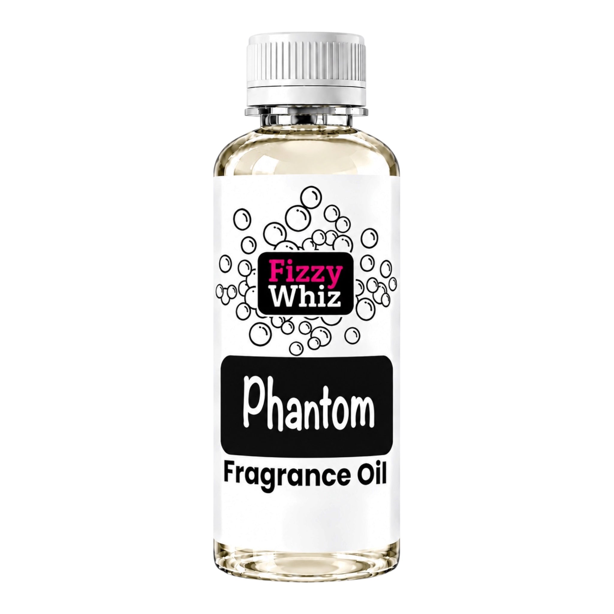 A bottle of Fizzy Whiz Phantom Fragrance Oil with a white cap and a white label featuring black text and bubble graphics, set against a plain white background.